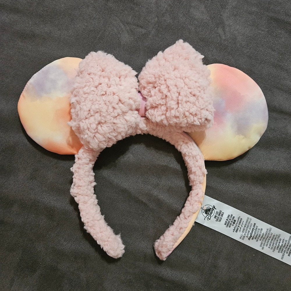 Disney Parks Minnie Mouse Tie Dye Sherpa Fleece Ear Headband Pink Pastel Bow